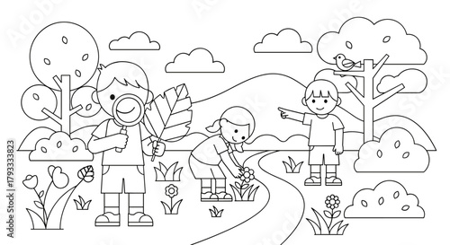 Children Exploring Nature with Magnifying Glass and Flowers, Coloring Book Illustration