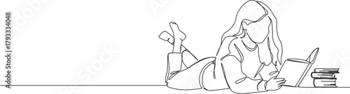 continuous line drawing of girl in prone position on floor reading a book, line art vector illustration