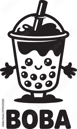 Funny boba tea character with happy face and straw vector illustration in black silhouette