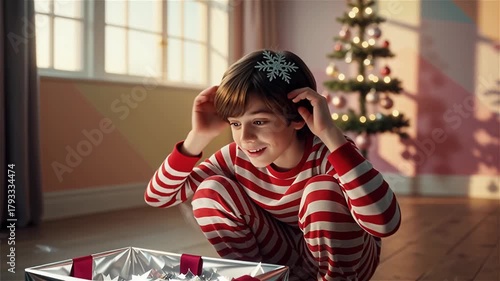 Christmas Morning of miracles: a child in striped pajamas opens a large gift at the Christmas tree