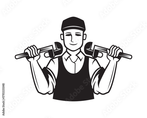 Smiling Plumber Holding Wrenches Illustration visualized with Silhouette Style