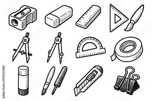 Glue stick eraser pencil compass icon protractor art cap vector studio divider