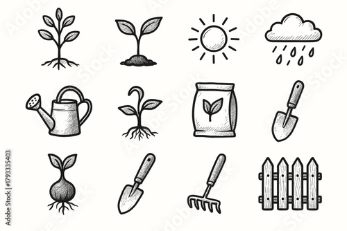 Icon watering pot seedling young garden shovel bag vector botanical set rain