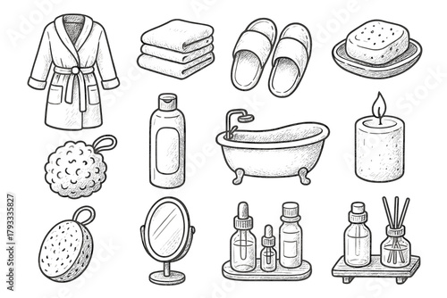 Set cozy bathrobe dish icon vector icons shelf soap towel shampoo oil