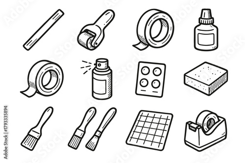 Tape icon bottle stick dots craft tool brush glue icons masking vector