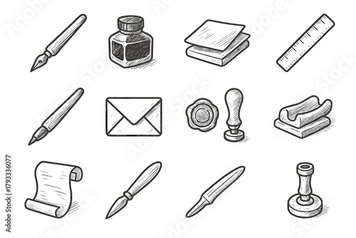 Bottle tools vector parchment rest blotting icon opener ruler wax craft icons