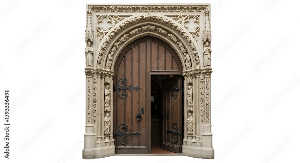 Fototapeta premium Ornate wooden door with stone archway, showcasing intricate carvings and design