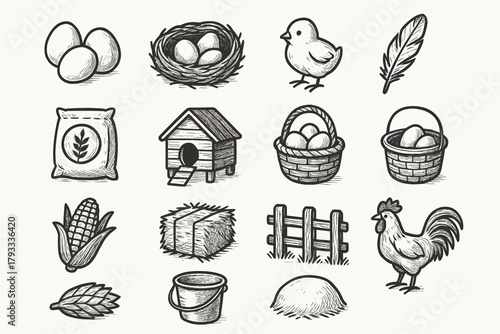 Bag icon goods grain hen house vector straw farm basket corn fence