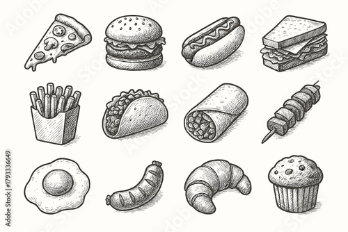 Egg skewer sketch slice vector fried food icon burrito burger kebab fries