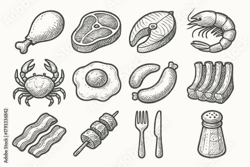 Crab egg set grid steak salt kebab gourmet chicken icon vector sausage