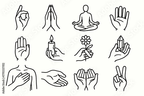 Icons vector touching crystal praying peace gesture palm closed flower relaxed icon