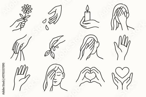 Gesture icon hand symbol vector holding leaf flower touching petals icons closing