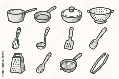 Frying whisk icon vector tongs rolling pot hand drawn spoon kitchenware pan