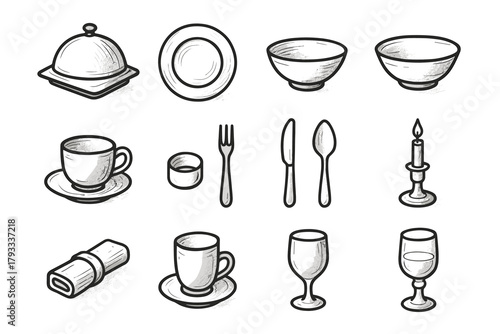 Bowl icon glass tray fork kitchenware vector soup plate icons candle saucer
