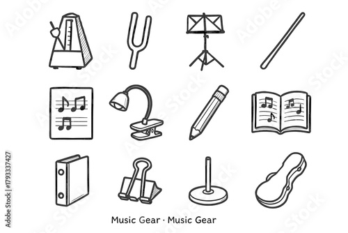 Stand icons vector sheet gear binder book pencil clip base music icon