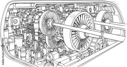 Jet engine blueprint, turbine system schematic, mechanical engineering drawing, aerospace machinery, industrial design, precision components, technical illustration