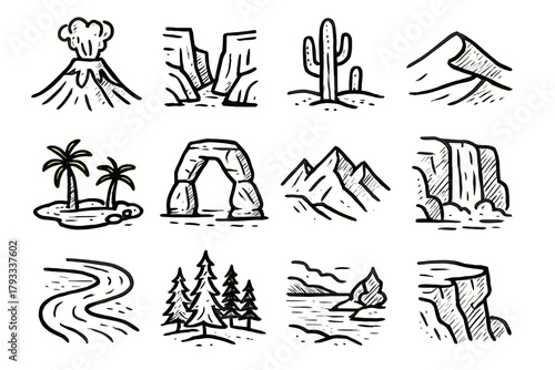 Waterfall rock pine icon arch vector canyon nature volcano dune bend line