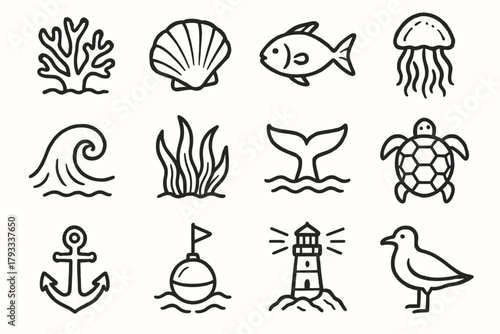 Sea jellyfish icons tail turtle anchor curl vector nature icon fish coral