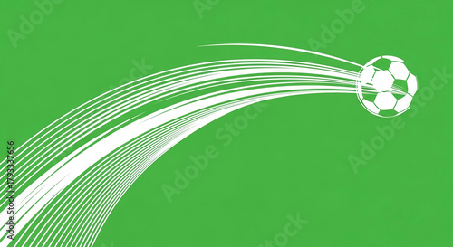 Dynamic illustration of a soccer ball in fast motion with a white swoosh trail, representing a powerful kick and the excitement of scoring a goal on a green field