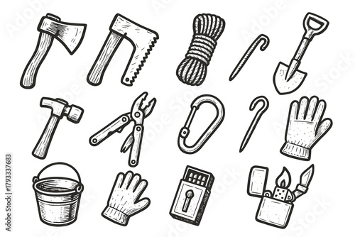 Axe coil camp icons lighter carabiner vector shovel tent bucket outdoor saw