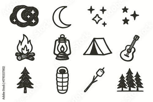 Campfire marshmallow vector shadow outdoor bag crescent moon icons outline camping icon