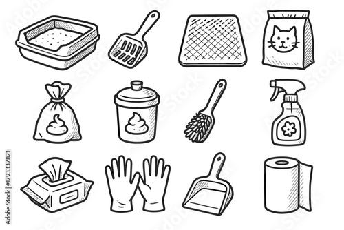 Pet bag litter poop gloves care brush vector box icon bin