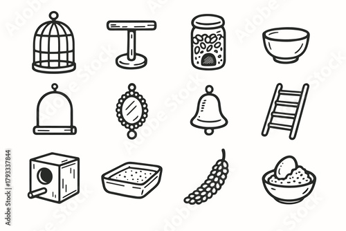 Box bowl water icon items food vector toy tray ladder pet bird