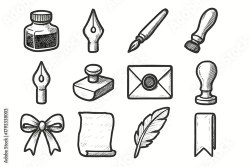Stationery paper nib elegant icons calligraphy ink dip parchment vector quill icon