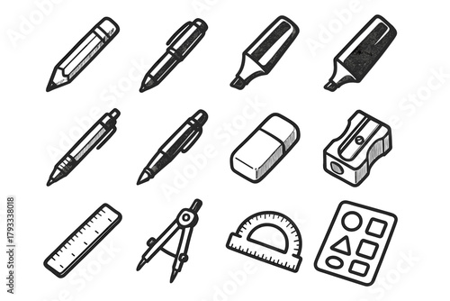 Sharpener stationery icons icon fountain highlighter ruler pen modern pencil vector stencil