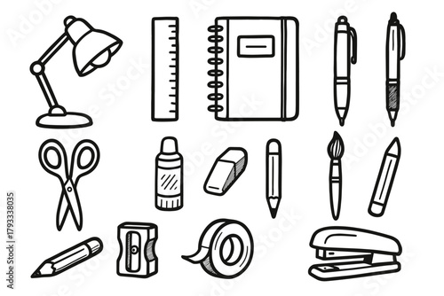 Lamp scissors collection icons notebook glue eraser pencil tape stationery vector icon