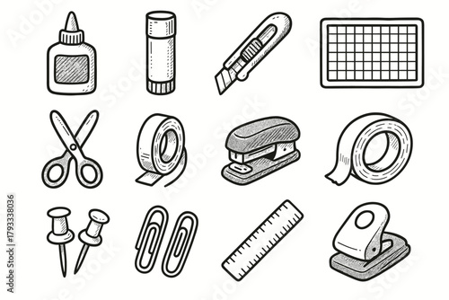 Clips ruler set bottle stick stationery craft pins icon knife scissors vector