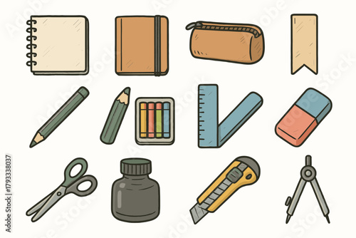 Scissors sketchbook stationery notebook set rubber bottle pencil vector icon bookmark case