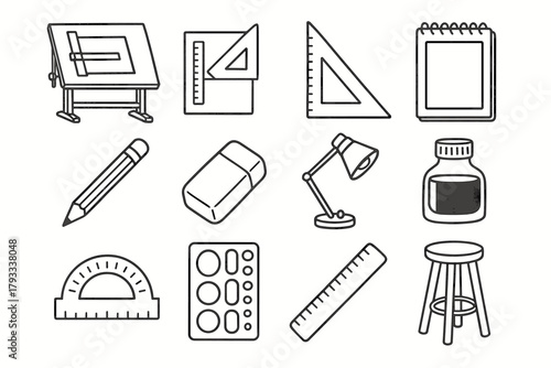 Drafting lamp icon bottle icons table ink vector ruler template drawing stationery