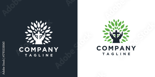 Christian Cross Church logo design vector illustration. cross logo with leaves around it	
