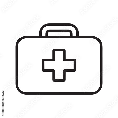Simple black and white line art icon of a medical first aid kit with a cross symbol