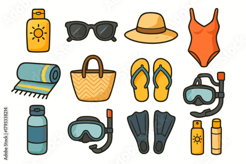 Bottle sunscreen mask lip travel essentials icons towel vector hat fins balm