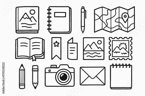 Icon journal guidebook vector map envelope pen camera stamp set travel