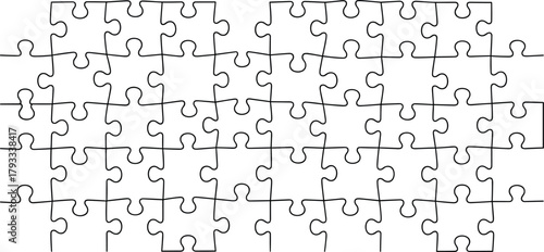 Blank jigsaw puzzle template, interlocking pieces, white background, cognitive exercise, educational tool, game layout, abstract grid, printable design