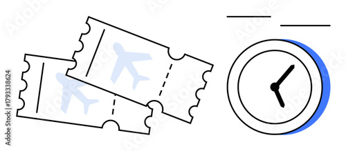 Airplane tickets beside a clock emphasizing travel scheduling, time management, and timely planning. Ideal for travel, tourism, booking, journey, vacation organization punctuality. Simple flat