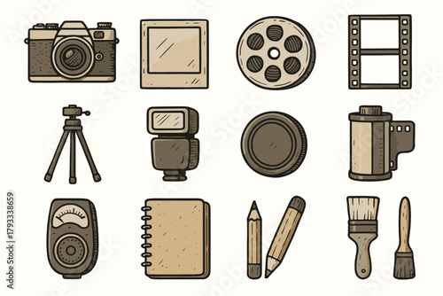 Photography film vector reel lens slide photo canister icon vintage cap frame