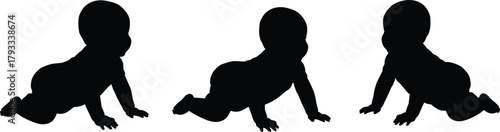 Crawling baby silhouette, infant movement pose, early childhood development, black toddler icon, isolated baby crawl vector, growth stage