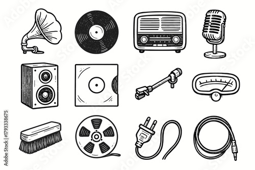 Icon vinyl plug radio brush microphone vector reel tuning objects arm vintage