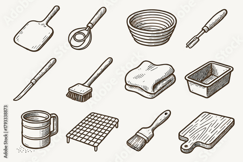 Flour scoring proofing vector baker bread peel icon whisk s banneton cloth