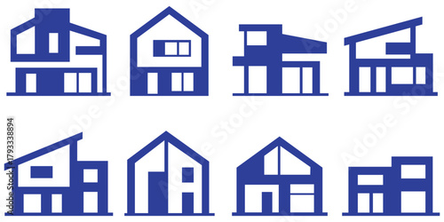 Modern residential house silhouette icons, contemporary home vector set, architectural building design collection
