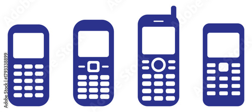 Retro mobile phone silhouette vector icons, old keypad cellphone designs, vintage communication device collection