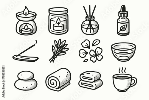 Jar pebble oil vector bowl herbs stick flower incense set aromatherapy icon