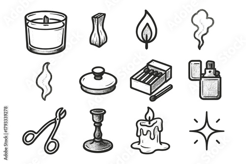 Melted pool lid matches wick wax candle flame vector icon smoke set