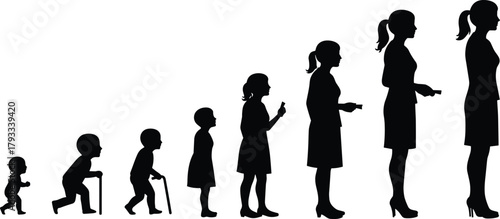 Human growth stages, female silhouette evolution, aging process illustration, life cycle concept, generational development, timeline progression, health awareness, longevity