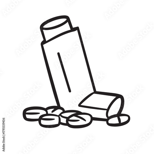A black and white line drawing of an asthma inhaler with pills