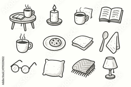 Coffee plate cozy rug icon mug spoon cookie pillow vector steaming icons